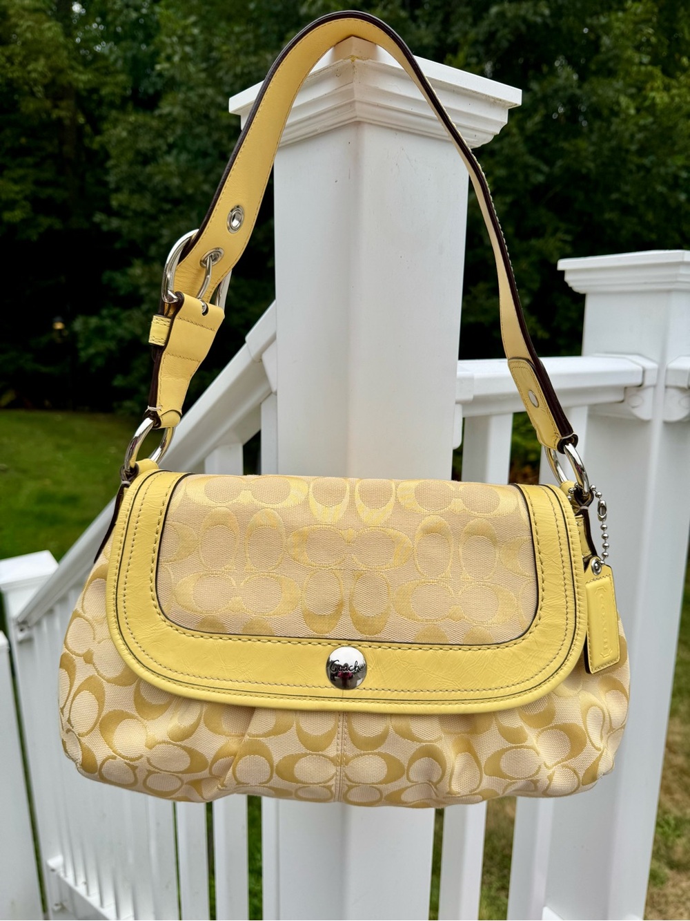 Coach Yellow Signature Jacquard Shoulder Bag with Leather Trim